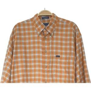 Faconnable Men's Orange Plaid Long Sleeve Button Down Shirt Size L Made in USA